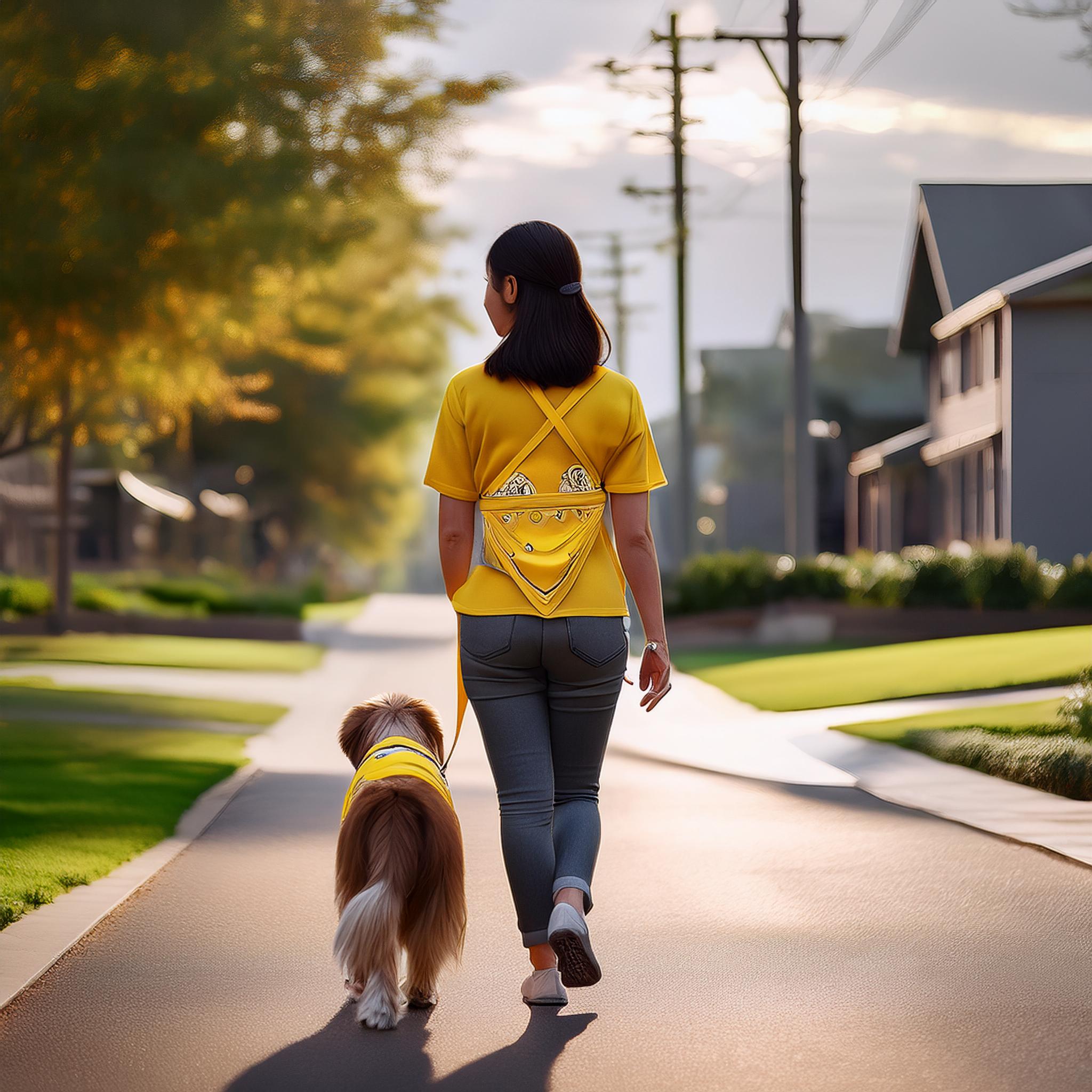 Firefly dog, seen from behind, wearing a plain safety yellow bandana, out on a walk with a human, lo